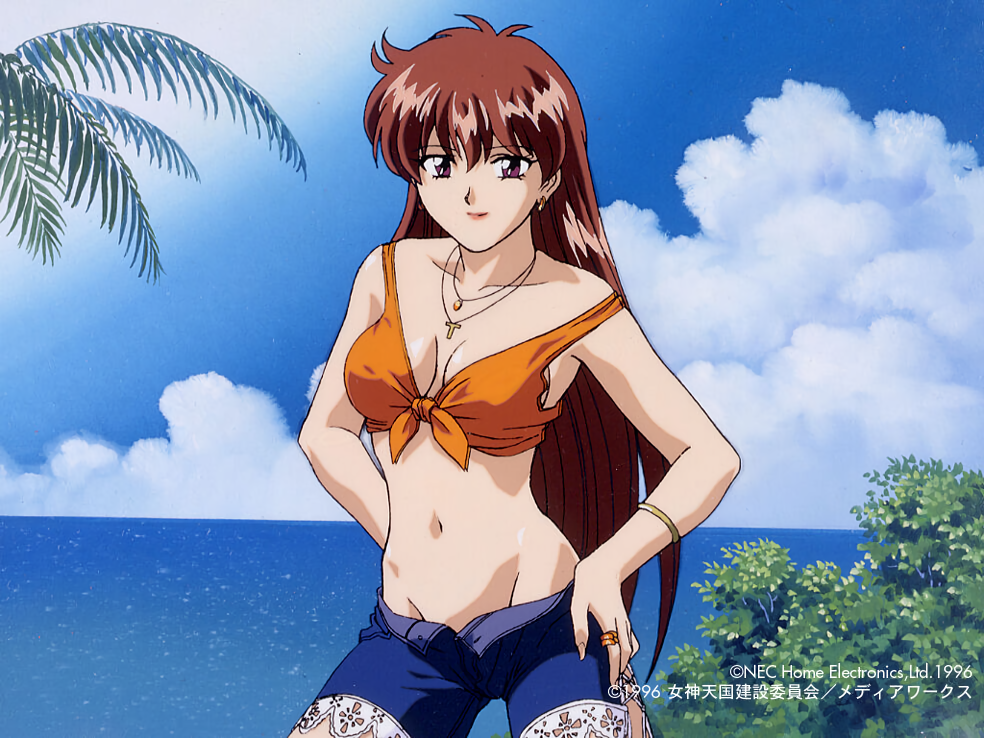 1990s_(style), 1996, 1girl, bare_shoulders, bracelet, breasts, brown_eyes, brown_hair