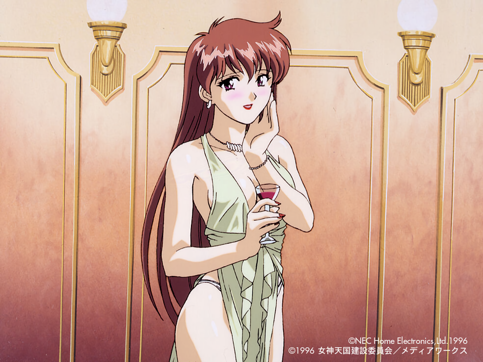 1990s_(style), 1996, 1girl, bare_shoulders, blush, bracelet, breasts, brown_eyes