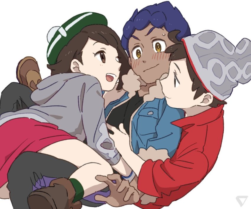 1girl, 2boys, beanie, bisexual_male, blush, boy_and_girl_sandwich, brown_eyes, brown_hair