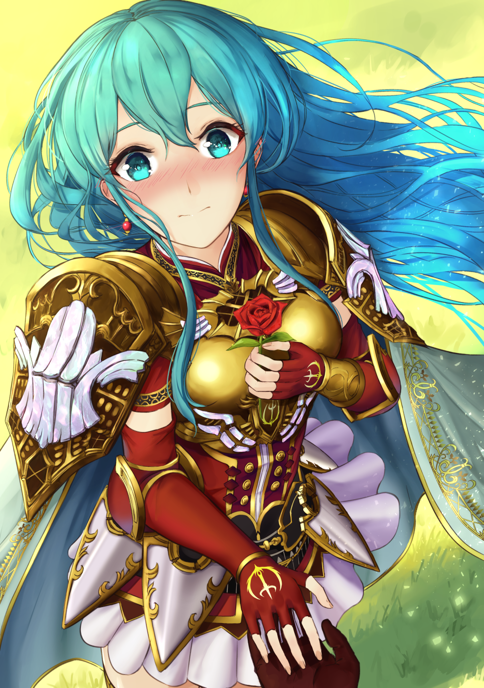 1girl, aqua_cape, aqua_eyes, aqua_hair, armor, armored_dress, blush, breastplate, cape, closed_mouth, day, dress, earrings, eirika_(fire_emblem), eirika_(graceful_resolve)_(fire_emblem), elbow_gloves, elbow_pads, faulds, fingerless_gloves, fire_emblem, fire_emblem:_the_sacred_stones, fire_emblem_heroes, floating_hair, flower, from_above, gloves, grass, hand_on_own_chest, highres, holding, holding_flower, holding_hands, ippers, jewelry, light_particles, long_hair, looking_at_viewer, looking_up, miniskirt, nintendo, nose_blush, official_alternate_costume, outdoors, pauldrons, pov, red_flower, red_gloves, red_rose, rose, shoulder_armor, sidelocks, skirt, smile, solo_focus, very_long_hair, white_skirt
