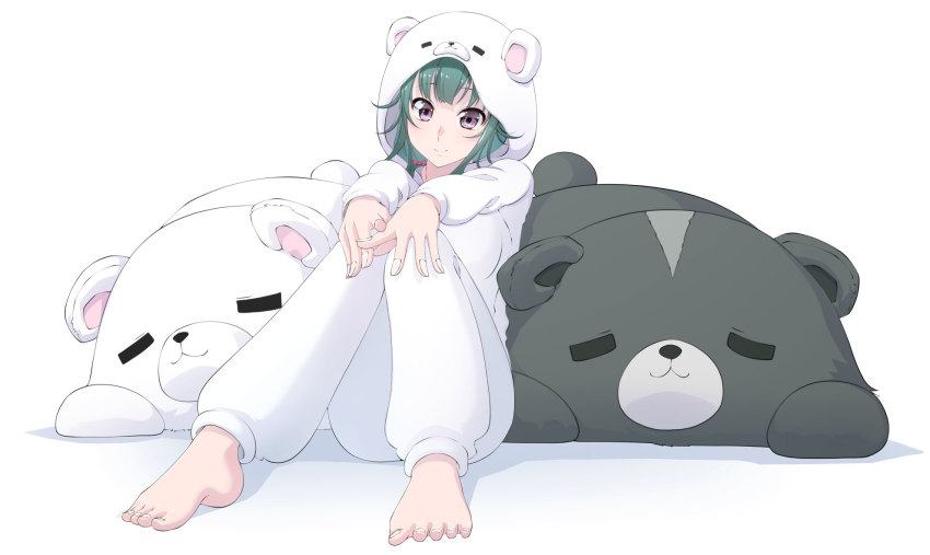 1girl, animal_costume, animal_ears, animal_hood, barefoot, bear_costume, bear_ears, bear_hood