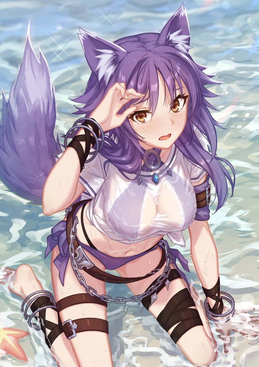 1girl, animal_ear_fluff, animal_ears, barefoot, beach, bikini, bikini_under_clothes, blush