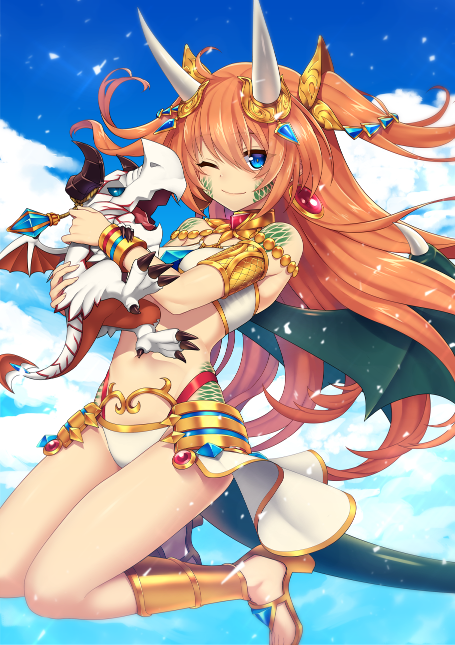 1girl, armlet, blue_eyes, clothing_request, cloud, day, dragon, dragon_girl