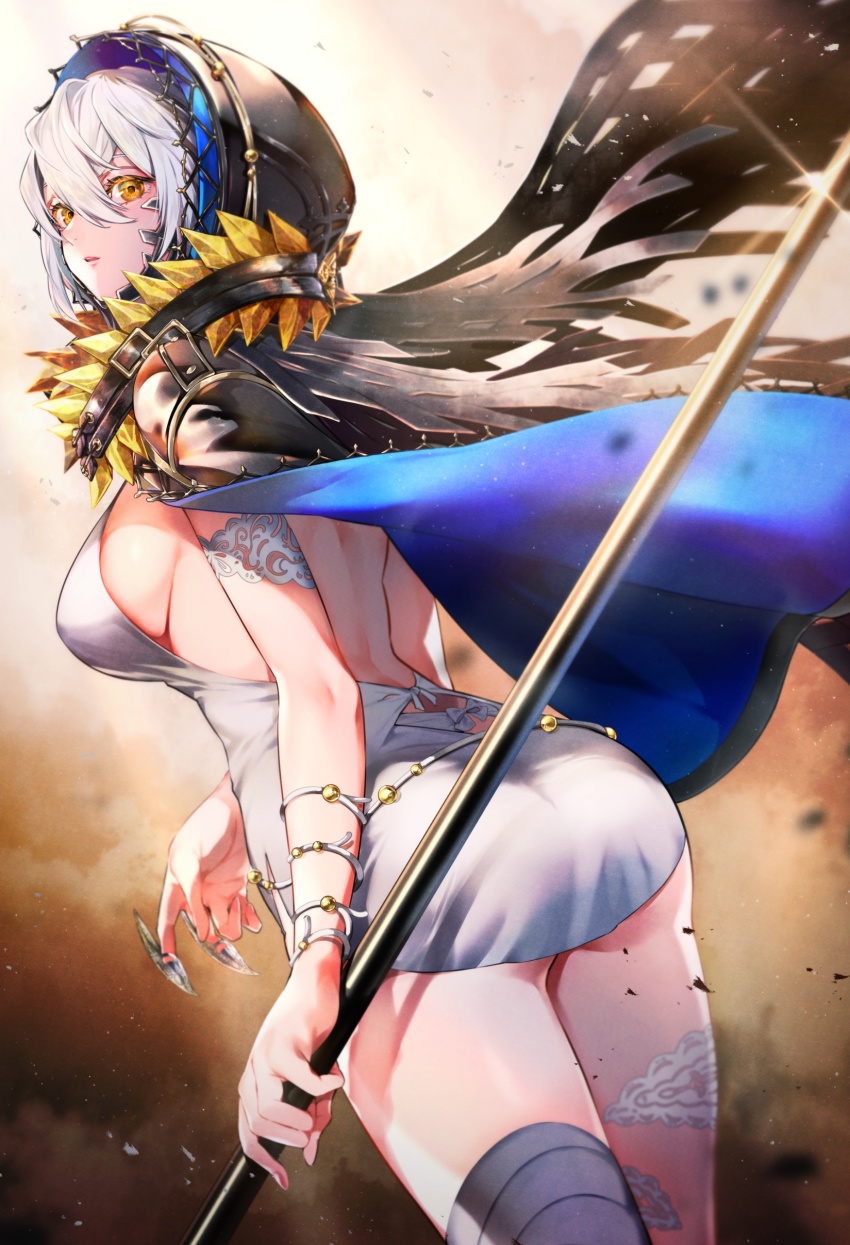 1girl, absurdres, ass, back, backless_dress, backless_outfit, black_cloak, blue_cape, breasts, cape, cloak, code_vein, commentary_request, dress, female_focus, from_behind, hair_between_eyes, highres, holding, holding_weapon, hood, hood_up, hooded, hooded_cloak, io_(code_vein), jewelry, large_breasts, lips, looking_at_viewer, parted_lips, polearm, short_hair, sideboob, solo, tarutaru_yamaoka, torn_clothes, torn_dress, vampire, weapon, white_dress, white_hair, yellow_eyes
