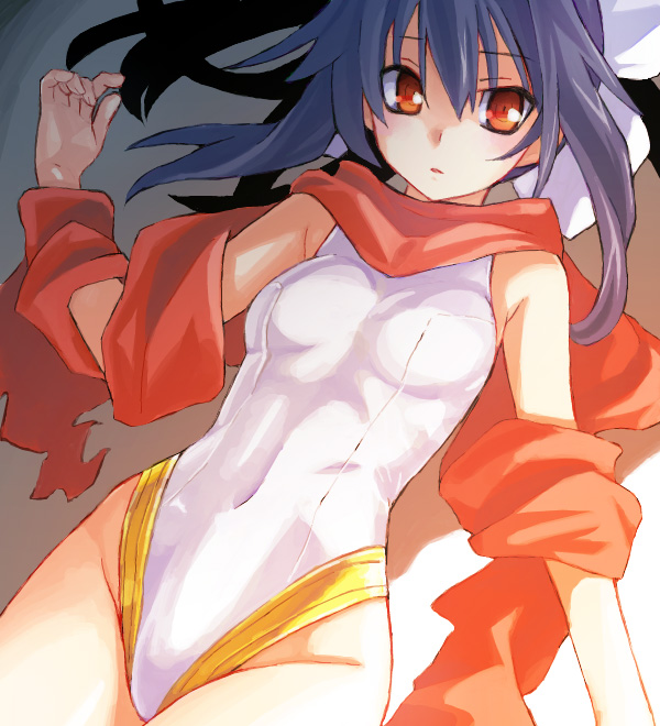 1girl, female_focus, hikabe_sakuho, leotard, one-piece_swimsuit, red_eyes, scarf, shinrabanshou