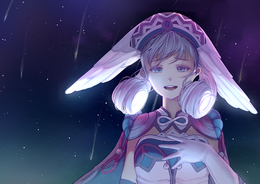 1girl, adirosa, cape, female_focus, hand_on_own_chest, hat, head_wings, looking_at_viewer, melia_antiqua, night, nintendo, outdoors, shooting_star, silver_hair, sky, solo, star_(sky), starry_sky, wings, xenoblade_chronicles_(series), xenoblade_chronicles_1