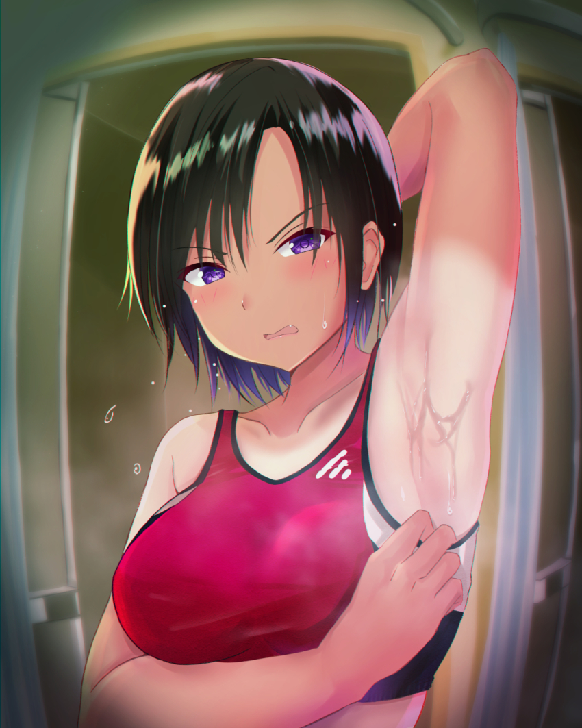 1girl, armpit_focus, armpits, black_hair, doorway, fang, female_focus, fisheye