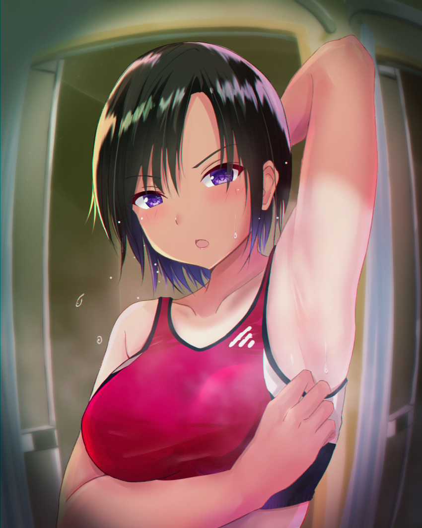 1girl, armpit_focus, armpits, black_hair, commentary_request, doorway, female_focus, fisheye, highres, kuroame_(kurinohana), looking_at_viewer, original, partial_commentary, pov_doorway, presenting_armpit, purple_eyes, short_hair, solo, sports_bra, sweat, tan, tanline, tomboy