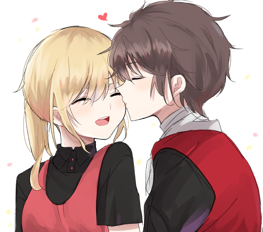 1boy, 1girl, blonde_hair, brown_hair, closed_eyes, heart, hetero, highres