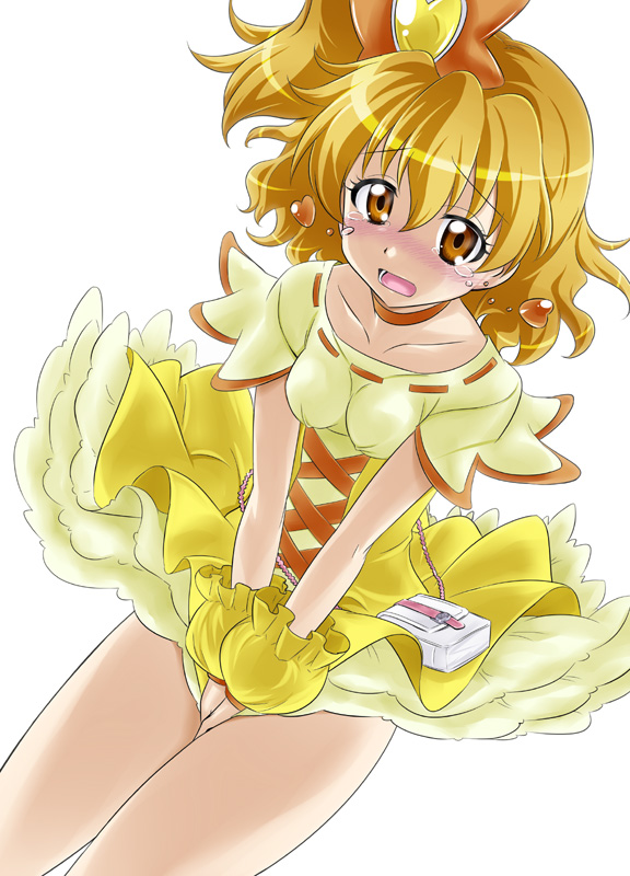 00s, 1girl, between_thighs, blush, cure_pine, embarrassed, eyelashes, female_focus, fresh_precure!, humiliation, magical_girl, nakahira_guy, open_mouth, precure, side_ponytail, skirt, skirt_push, skirt_tug, solo, tears, thighs, v_arms, wind, wind_lift, yamabuki_inori