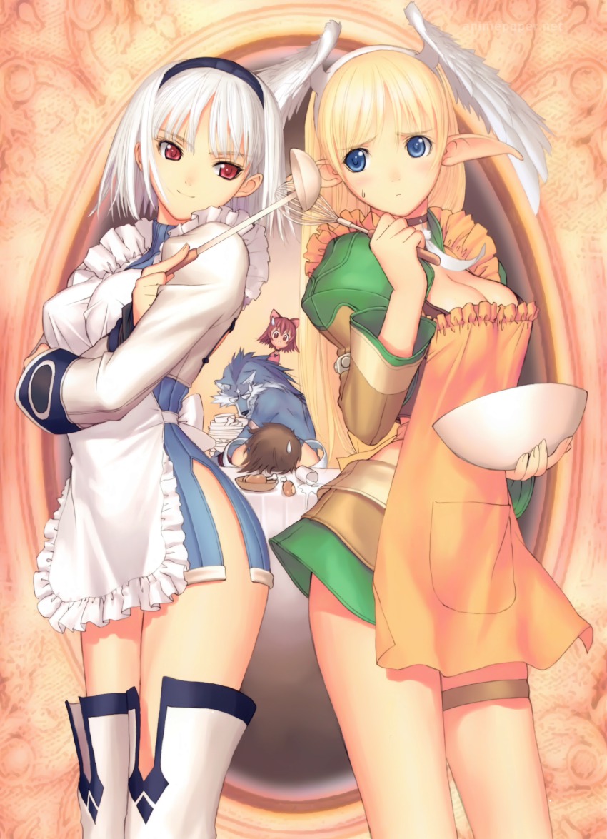 1boy, 3girls, absurdres, albino, apron, bad_food, blanc_neige, blonde_hair