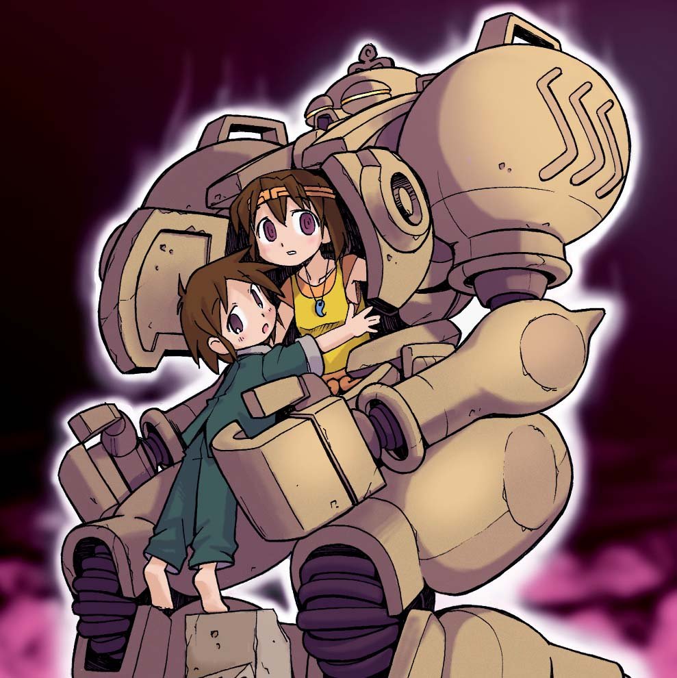 1boy, 1girl, @_@, barefoot, brother_and_sister, brown_hair, capcom, cecil_(darkstalkers), child, commentary, doguu, feet, glowing, headband, humanization, kakuchou, looking_back, magatama, midnight_bliss, pants, huitzil_(darkstalkers), purple_eyes, shirt, siblings, soles, tank_top, toes, darkstalkers