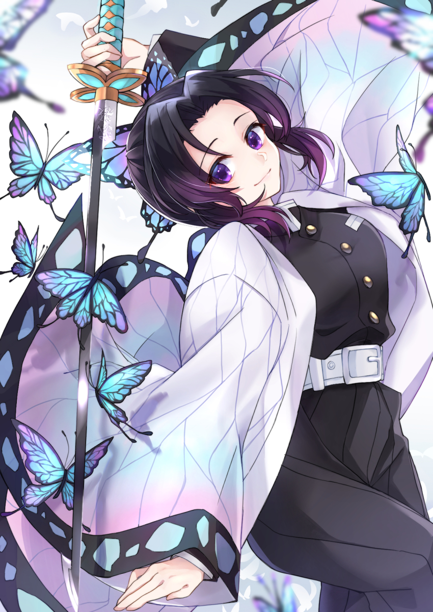 1girl, belt, belt_buckle, black_hair, black_jacket, black_pants, blurry, blurry_foreground