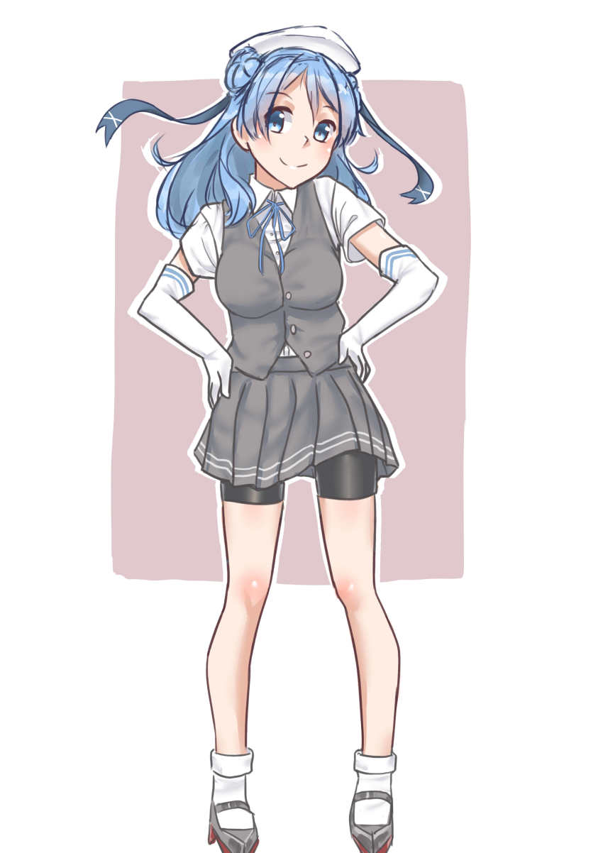 1girl, absurdres, bike_shorts, blue_eyes, blue_hair, blue_ribbon, breasts, cosplay