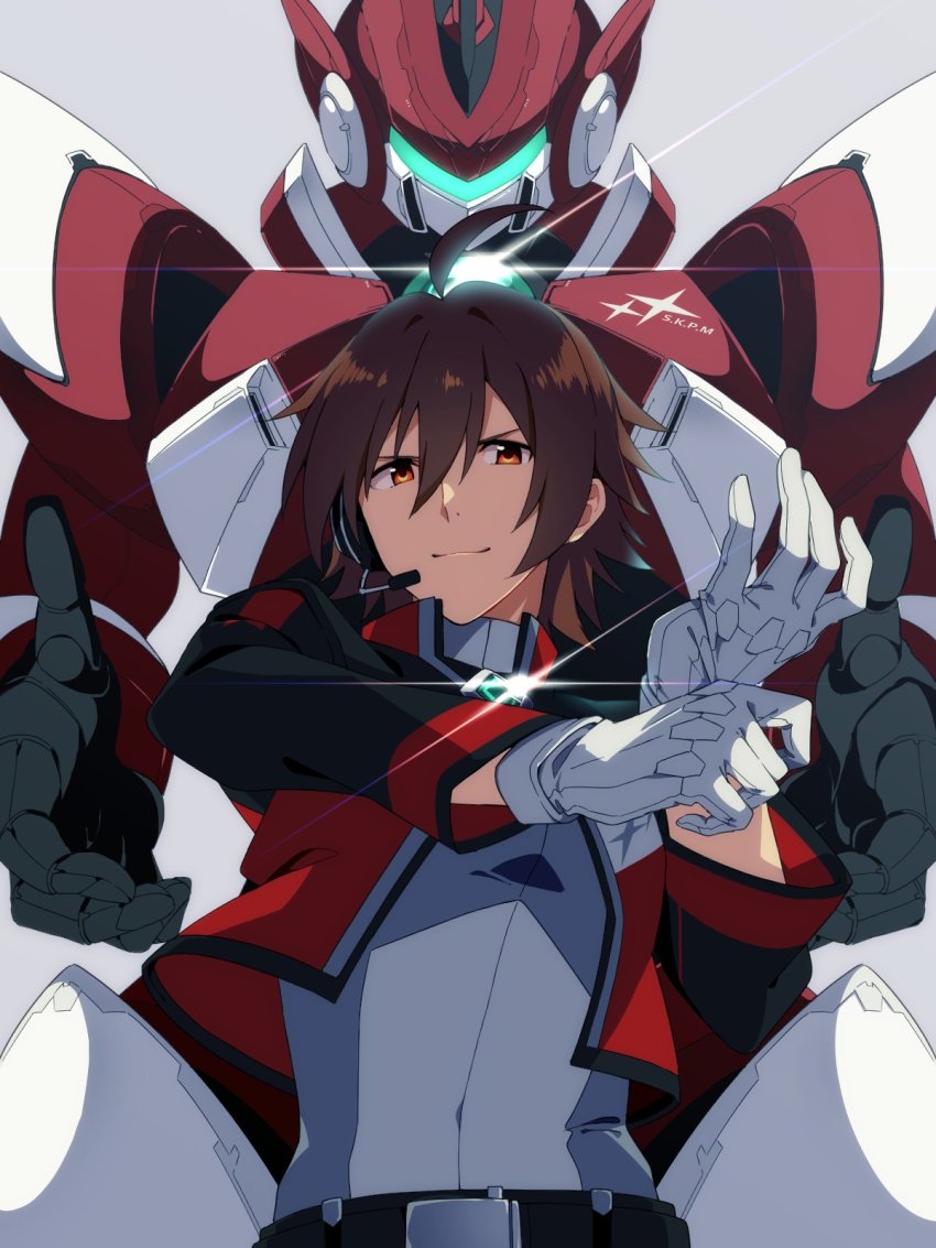 1boy, adjusting_clothes, adjusting_gloves, ahoge, amagase_touma, april_fools, brown_eyes, brown_hair