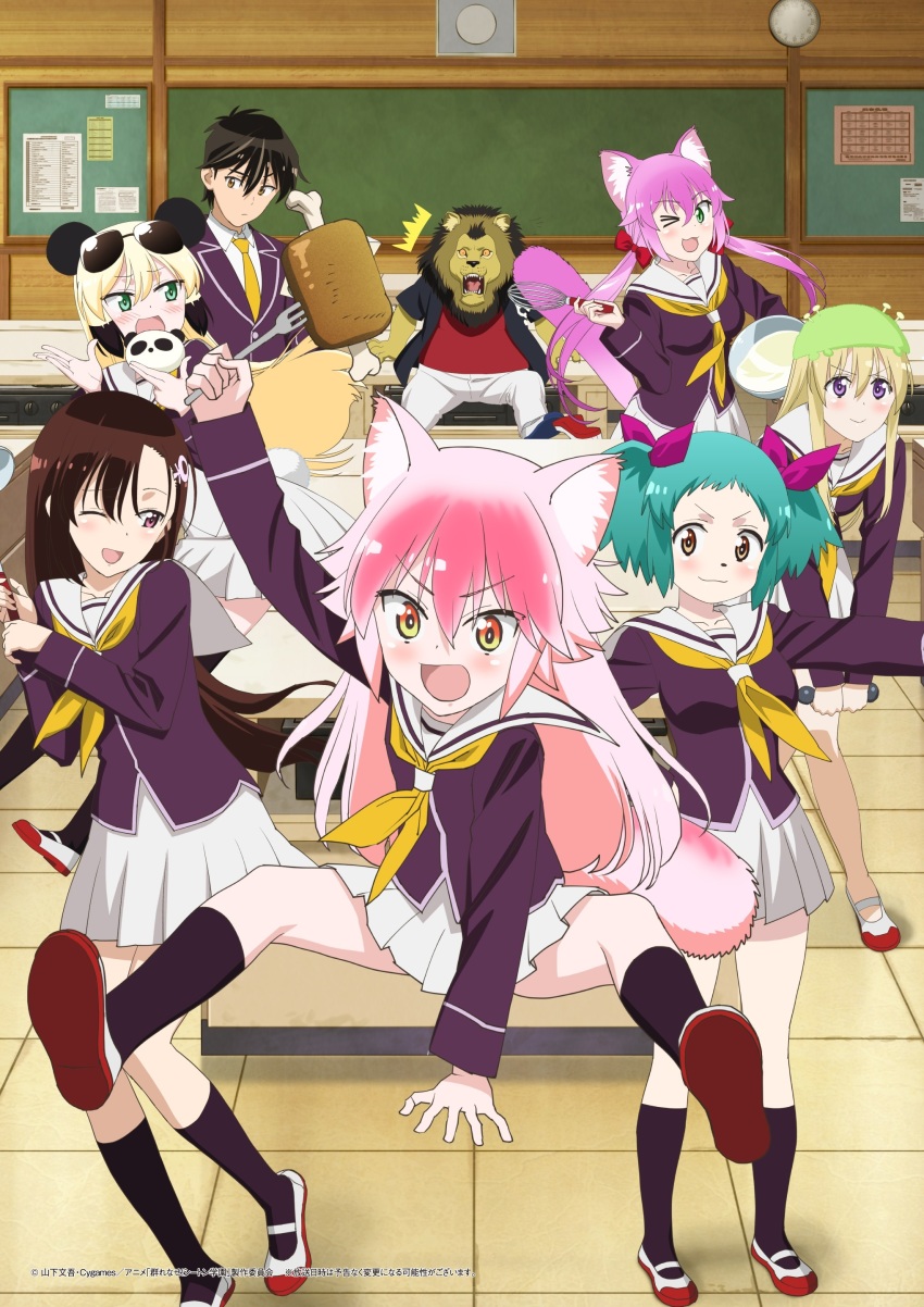 2boys, 6+girls, :3, :d, ;d, absurdres, animal_ear_fluff, animal_ears