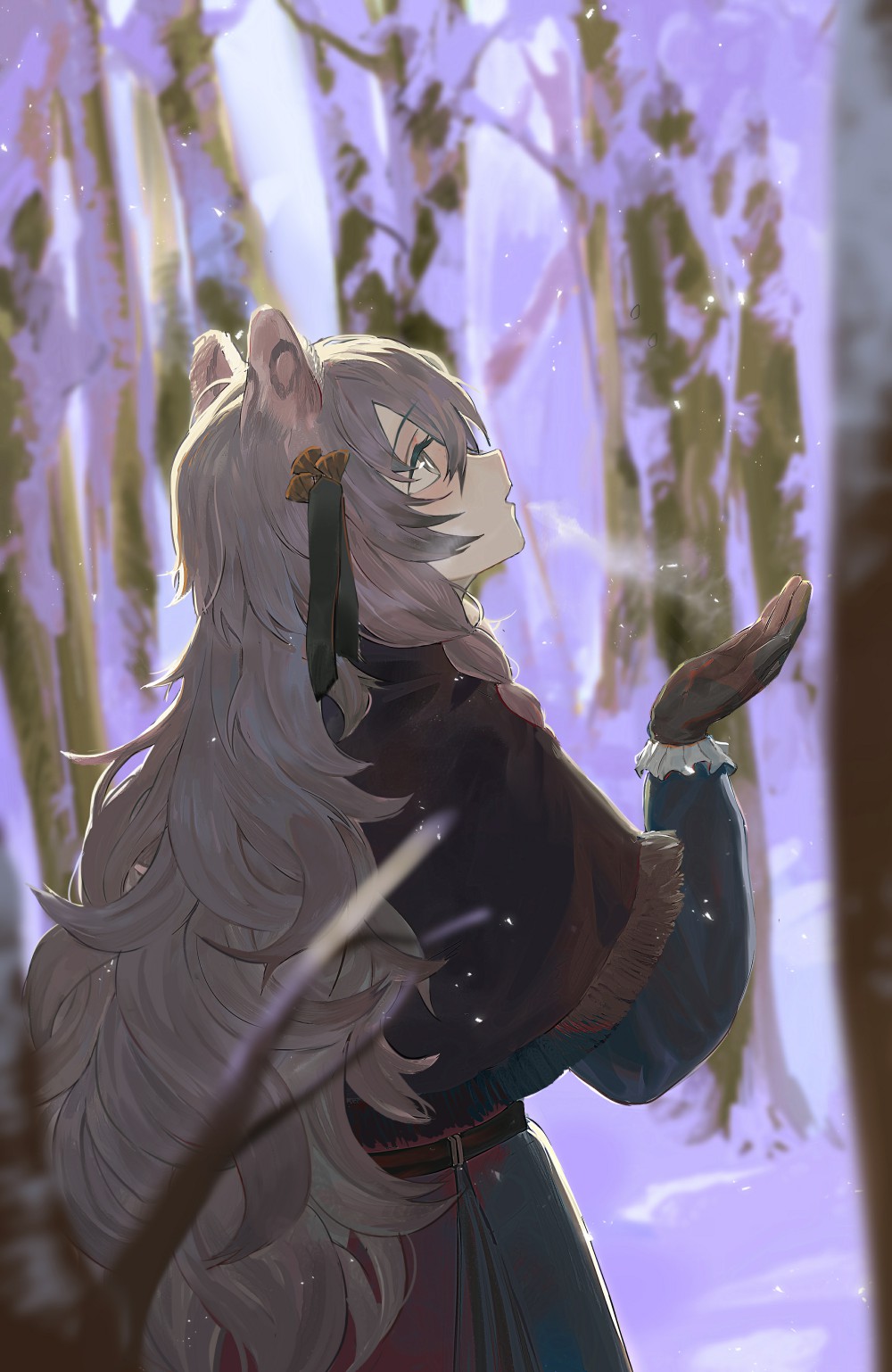 1girl, animal_ears, arknights, bare_tree, blue_coat, blurry, breath, brown_gloves