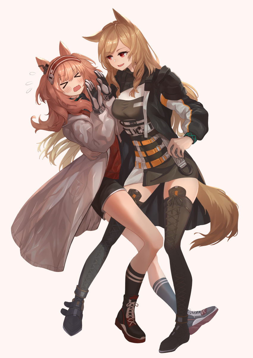 >_<, 2girls, :o, absurdres, angelina_(arknights), animal_ears, arknights, arm_around_another's_waist