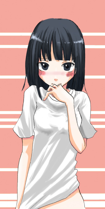 00s, 1girl, ako_(so_crazy!?), black_hair, blush, bottomless, expressionless, female_focus, grey_eyes, looking_at_viewer, maria-sama_ga_miteru, nijou_noriko, purple_eyes, shirt, shirt_tug, short_sleeves, shy, simple_background, solo, upper_body, uppercut, white_background, white_shirt