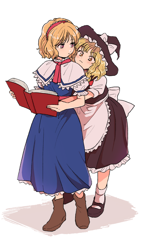 2girls, alice_margatroid, apron, black_dress, black_footwear, blonde_hair, blue_dress, book