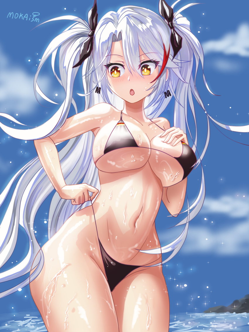 1girl, azur_lane, bikini, black_bikini, black_choker, blue_sky, blush, breasts