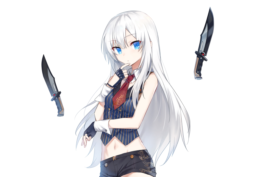 1girl, bare_shoulders, black_gloves, black_shorts, blue_eyes, blue_shirt, closers, combat_knife