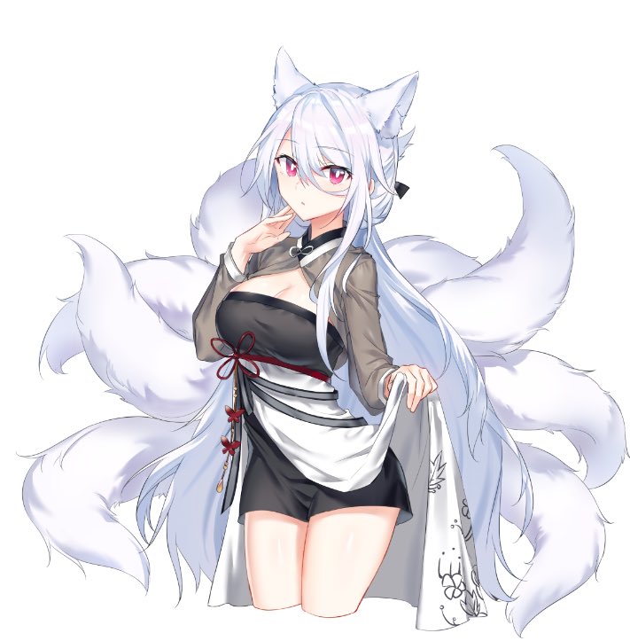 1girl, animal_ear_fluff, animal_ears, black_dress, breasts, cleavage, closers, cropped_legs, dress, extra_ears, female_focus, fox_ears, fox_girl, fox_tail, hair_between_eyes, hand_up, kitsune, kyuubi, large_breasts, long_hair, long_sleeves, looking_at_viewer, mirae_(closers), multiple_tails, nanaya_(nnytwr), red_eyes, shrug_(clothing), sidelocks, simple_background, solo, tail, thighs, very_long_hair, white_background, white_hair