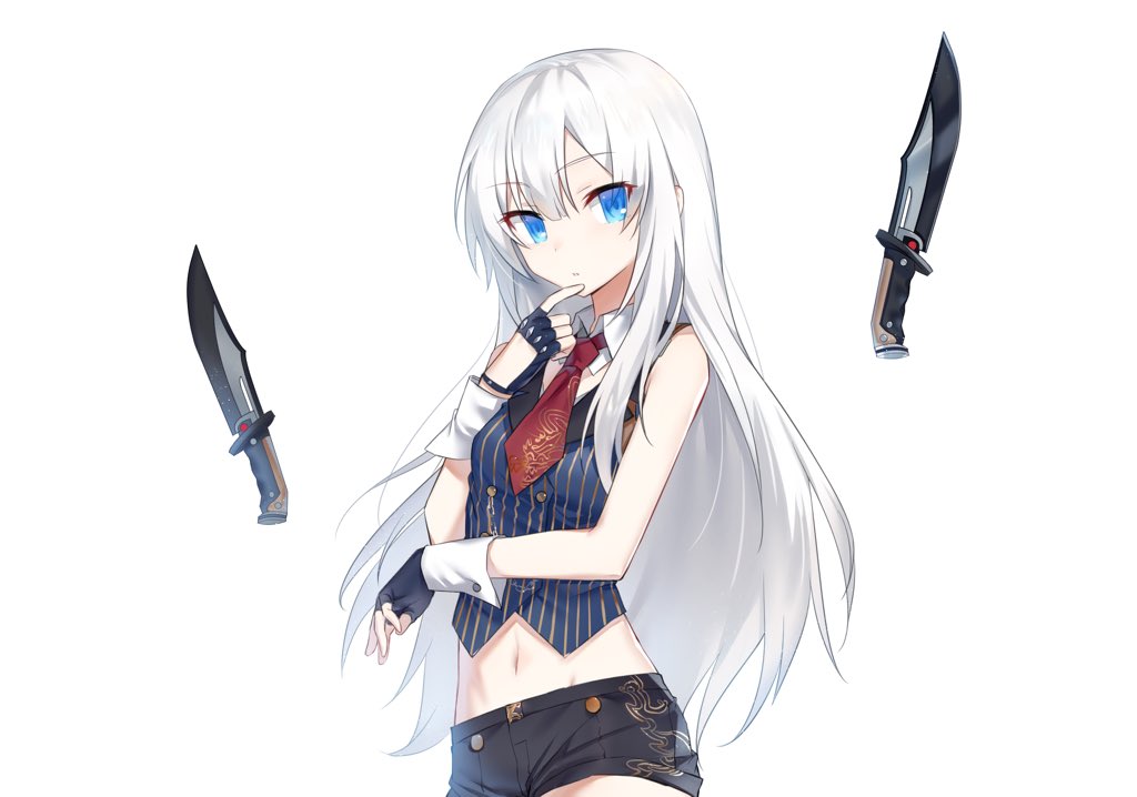 1girl, bare_shoulders, black_gloves, black_shorts, blue_eyes, blue_shirt, closers, combat_knife