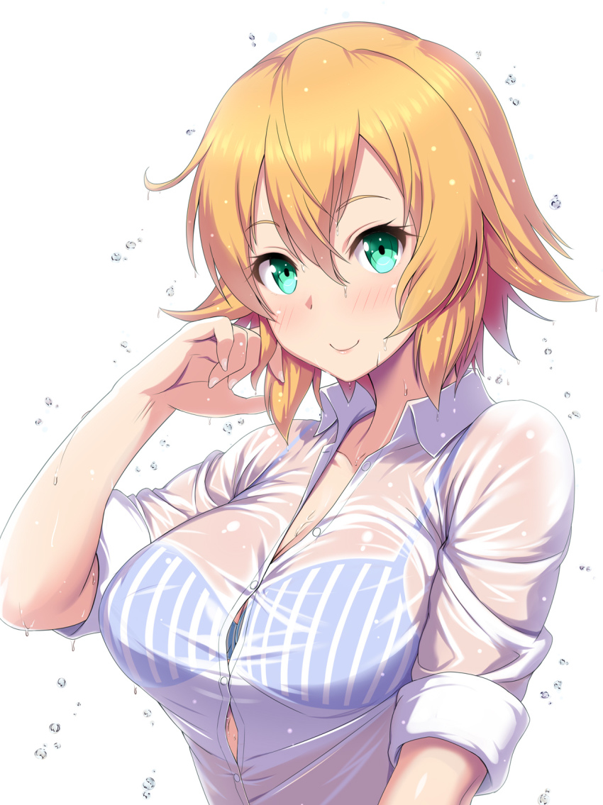 1girl, aqua_eyes, blonde_hair, blue_bra, blush, bra, breasts, cleavage