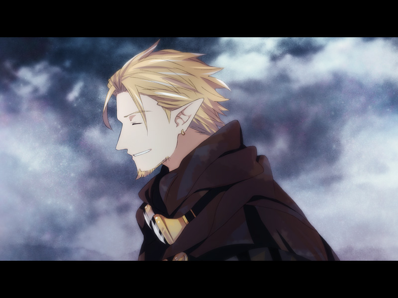 1boy, black_robe, blonde_hair, closed_eyes, day, facial_hair, goggles, goggles_around_neck, letterboxed, male_focus, outdoors, pixiv_fantasia, pixiv_fantasia_age_of_starlight, pointy_ears, profile, robe, satotsuki8, solo, trade_king_farid