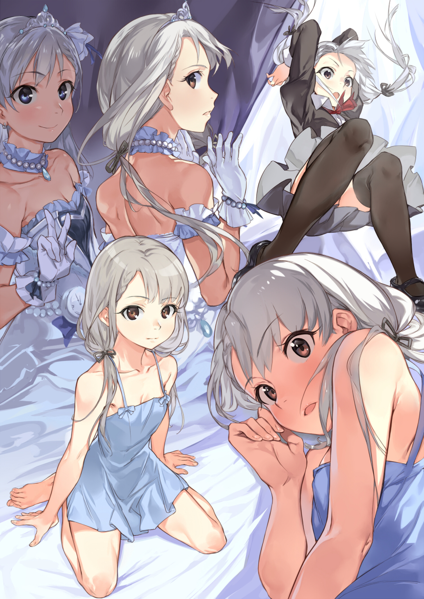 2girls, arms_up, asymmetrical_bangs, bare_arms, bare_legs, bare_shoulders, barefoot, bead_bracelet, bead_necklace, beads, bed_sheet, black_jacket, black_legwear, black_ribbon, blue_eyes, blush, bracelet, breasts, brown_eyes, camisole, cleavage, clock, collarbone, detached_collar, dress, earrings, geregere_(lantern), gloves, grey_skirt, hair_ribbon, highres, hisakawa_nagi, idolmaster, idolmaster_cinderella_girls, jacket, jewelry, long_hair, long_sleeves, low_twintails, miniskirt, multiple_girls, multiple_views, necklace, open_mouth, red_neckwear, ribbon, silver_hair, sitting, skirt, small_breasts, smile, starry_sky_bright, strapless, strapless_dress, thighhighs, tiara, twintails, v, wariza, white_dress, white_gloves