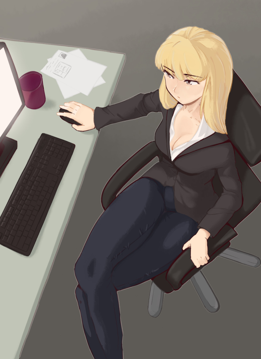 1girl, absurdres, black_jacket, blonde_hair, blue_pants, breasts, chair, cleavage, closed_mouth, computer_keyboard, computer_mouse, cup, desk, female_focus, grey_eyes, highres, jacket, long_hair, medium_breasts, monitor, mug, original, pants, serenity_(thwwshark), shirt, simple_background, sitting, solo, thwwshark, white_shirt