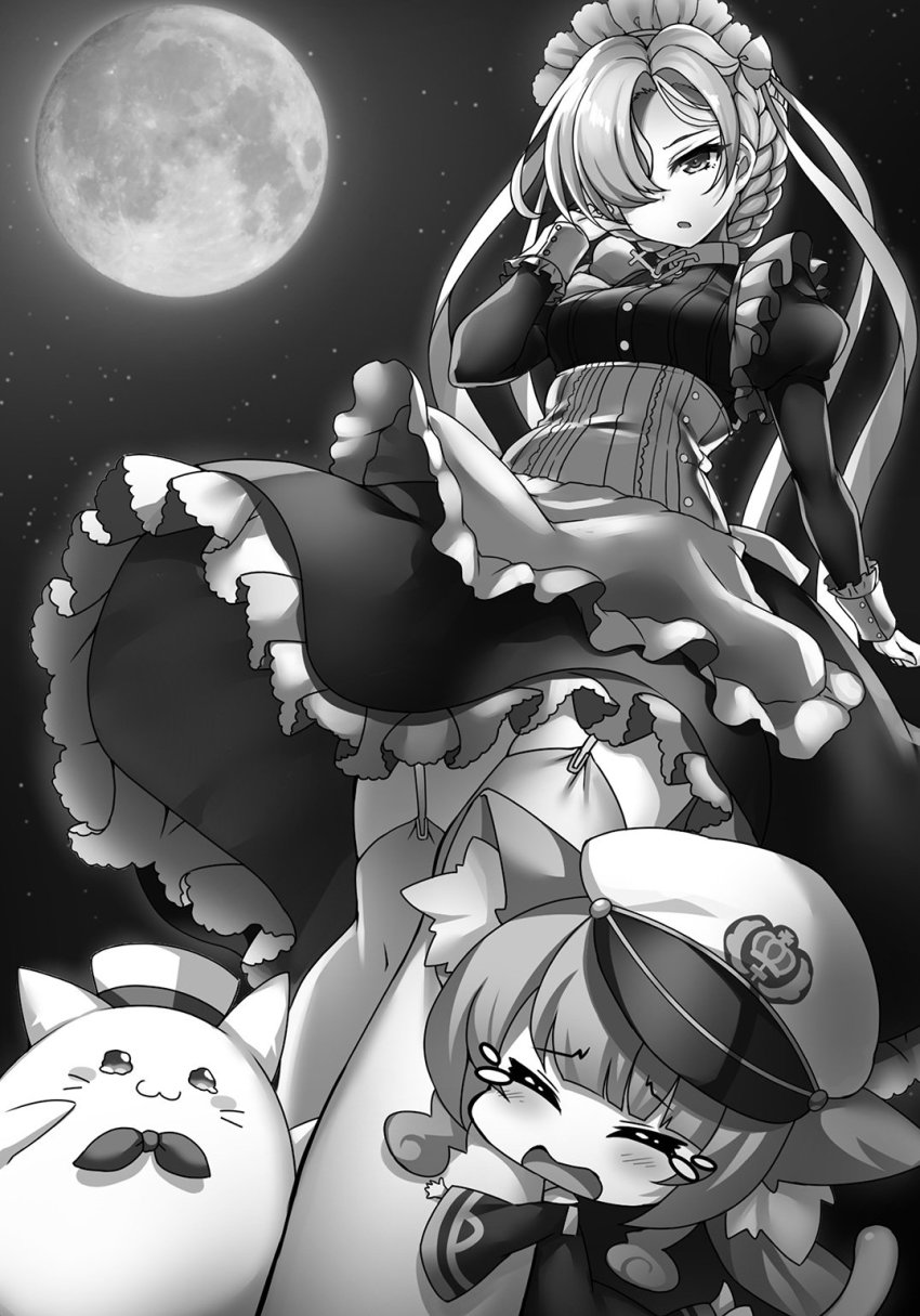 2girls, arm_up, azur_lane, braid, breasts, garter_straps, greyscale, hair_over_one_eye