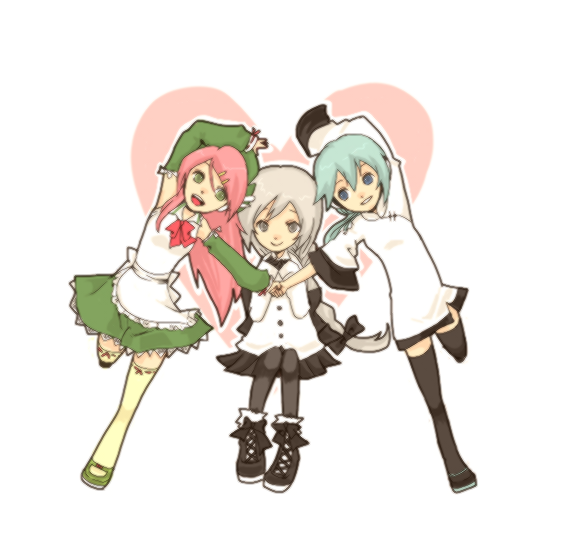 blue_eyes, blue_hair, detached_sleeves, green_eyes, hair_ribbon, hairclip, hat, heart, long_hair, momone_momo, pink_hair, ponytail, ribbon, sekka_yufu, skirt, smile, thighhighs, utau, vocaloid, white_eyes, white_hair, yurika_sai, yurika_sayu, zettai_ryouiki, hair_ornament, riku_(blue_like)