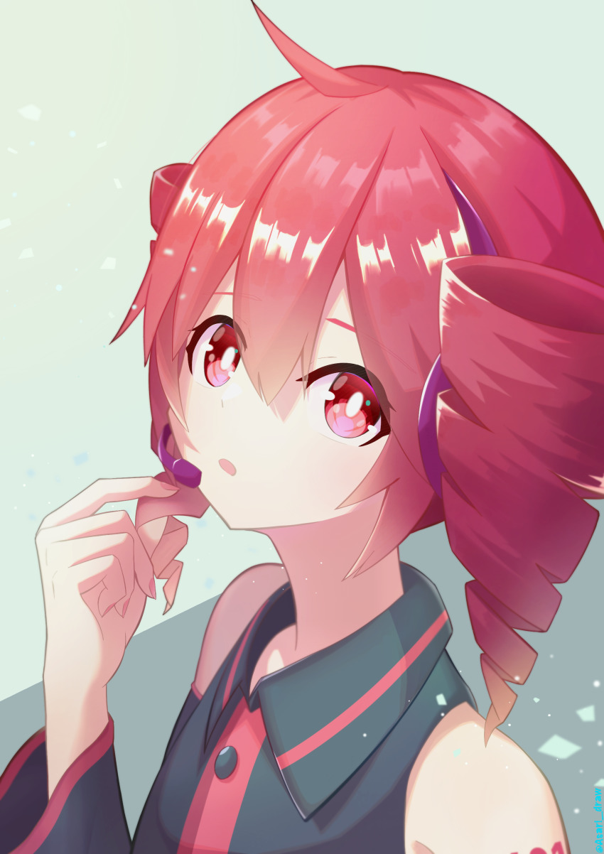 1girl, absurdres, asari_draw, bare_shoulders, black_shirt, black_sleeves, commentary, detached_sleeves