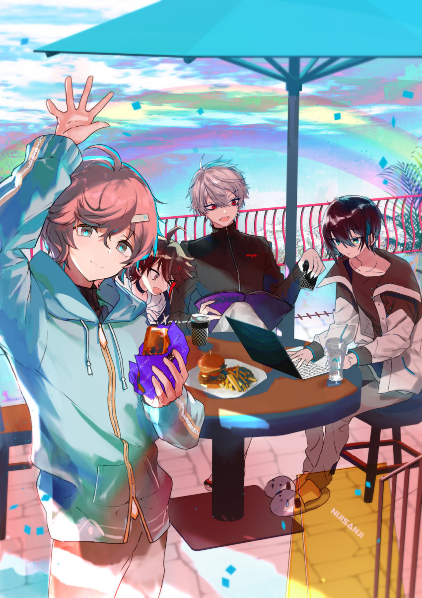 4boys, animal_slippers, arm_up, bad_id, bad_pixiv_id, bendy_straw, black_hair, black_jacket