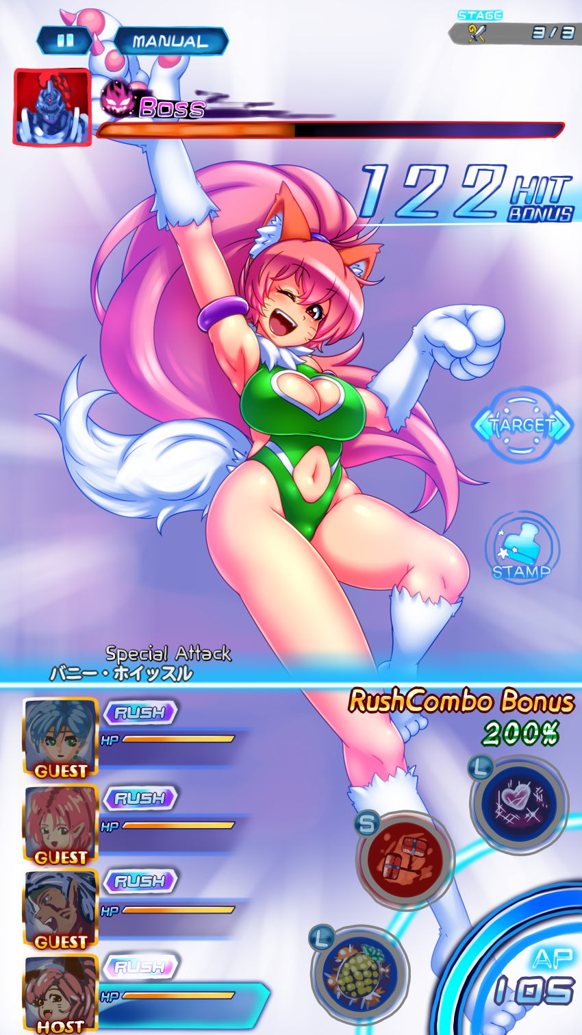 1girl, :d, absurdres, animal_ears, animal_hands, armor, blush, breasts, cat_ears, cat_tail, cleavage, cleavage_cutout, closed_mouth, clothing_cutout, gloves, heart_cutout, helmet, highres, large_breasts, leotard, long_hair, looking_at_viewer, millie_chliette, navel, open_mouth, perisie_(star_ocean), pink_hair, ponytail, red_eyes, roddick_farrence, ryoi, short_hair, smile, star_ocean, star_ocean:_first_departure, tail