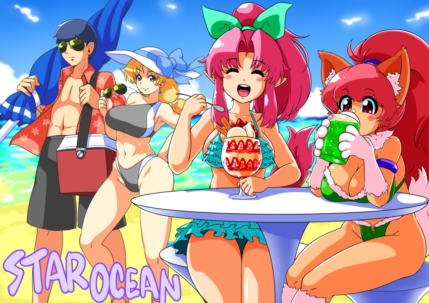 1boy, :d, absurdres, animal_ears, animal_hands, beach, beach_umbrella, blush, breasts, cat_ears, cat_tail, cleavage, closed_mouth, earrings, highres, ilia_silvestri, jewelry, large_breasts, long_hair, looking_at_viewer, millie_chliette, multiple_girls, navel, open_mouth, perisie_(star_ocean), pink_hair, ponytail, red_eyes, ronyx_j._kenny, ryoi, smile, star_ocean, star_ocean:_anamnesis, star_ocean:_first_departure, sunglasses, sunglasses_removed, swimsuit, tail, umbrella