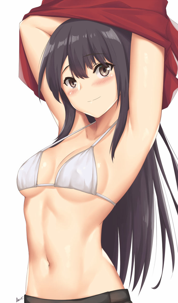 1girl, arcie_albano, armpits, arms_up, bikini, bikini_top_only, black_eyes, black_hair, black_pants, blush, breasts, collarbone, female_focus, hair_over_shoulder, highres, long_hair, looking_at_viewer, navel, pants, red_shirt, senryuu_shoujo, shirt, sidelocks, signature, simple_background, small_breasts, smile, solo, swimsuit, underboob, undressing, upper_body, white_background, white_bikini, yukishiro_nanako