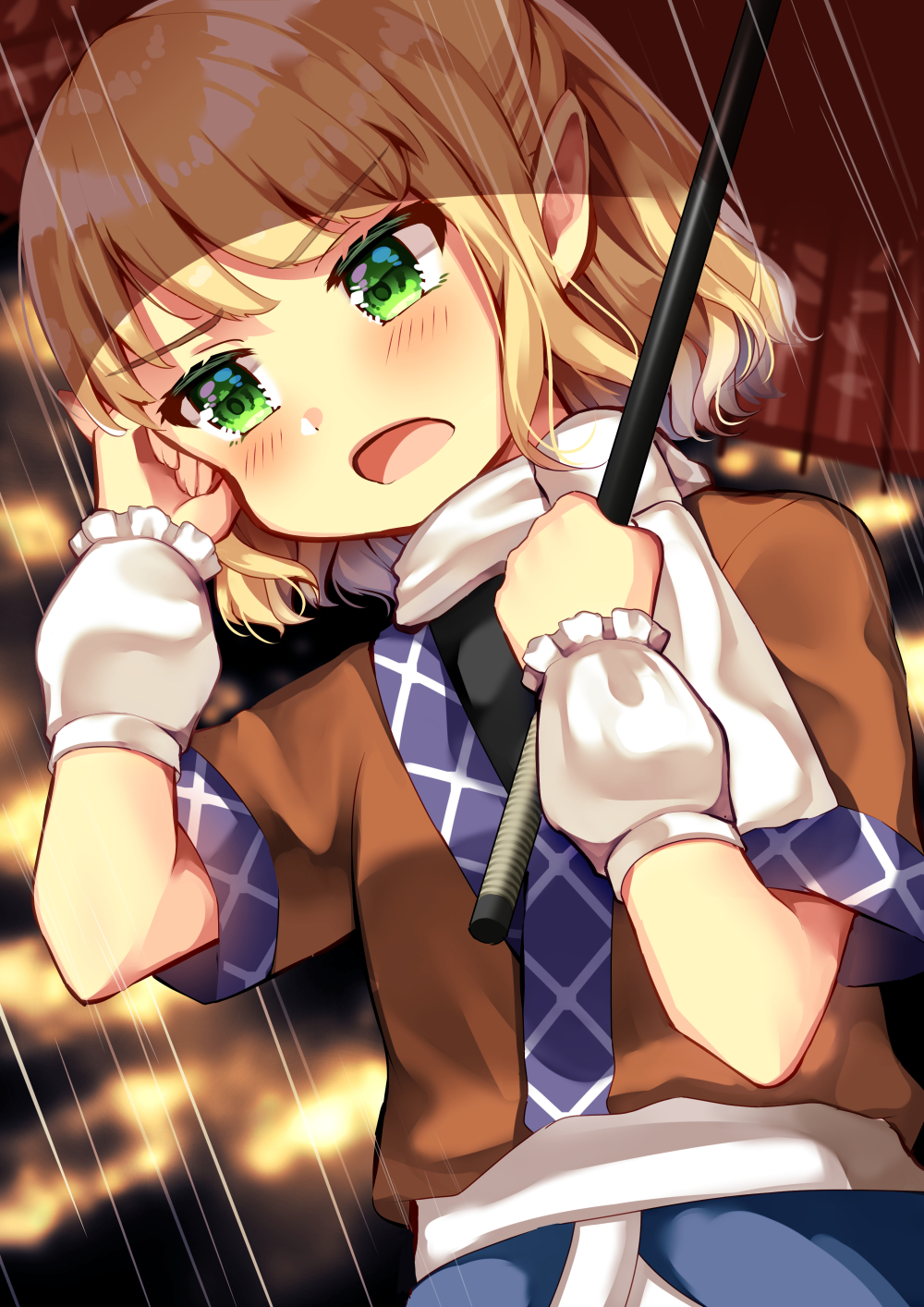 1girl, arm_warmers, bad_id, bad_pixiv_id, blonde_hair, blush, female_focus, green_eyes