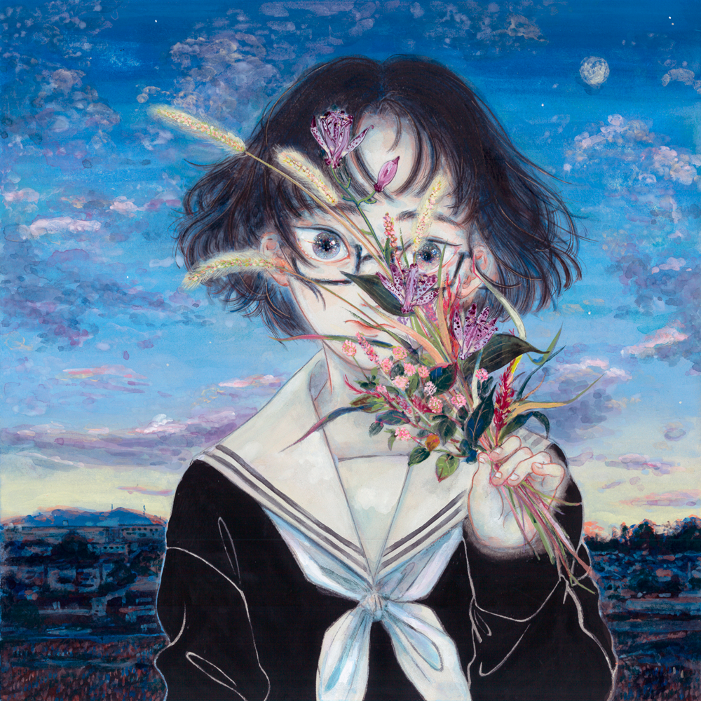 1girl, black_eyes, black_hair, black_shirt, cityscape, cloud, cloudy_sky, commentary_request