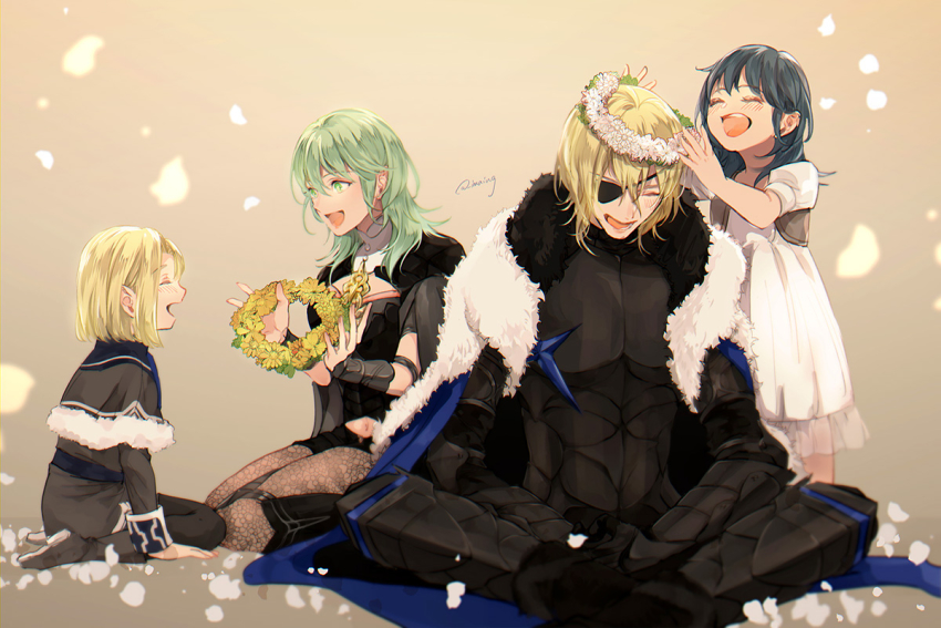 2boys, 2girls, aged_down, armor, black_shorts, blonde_hair, blue_cape, blue_hair