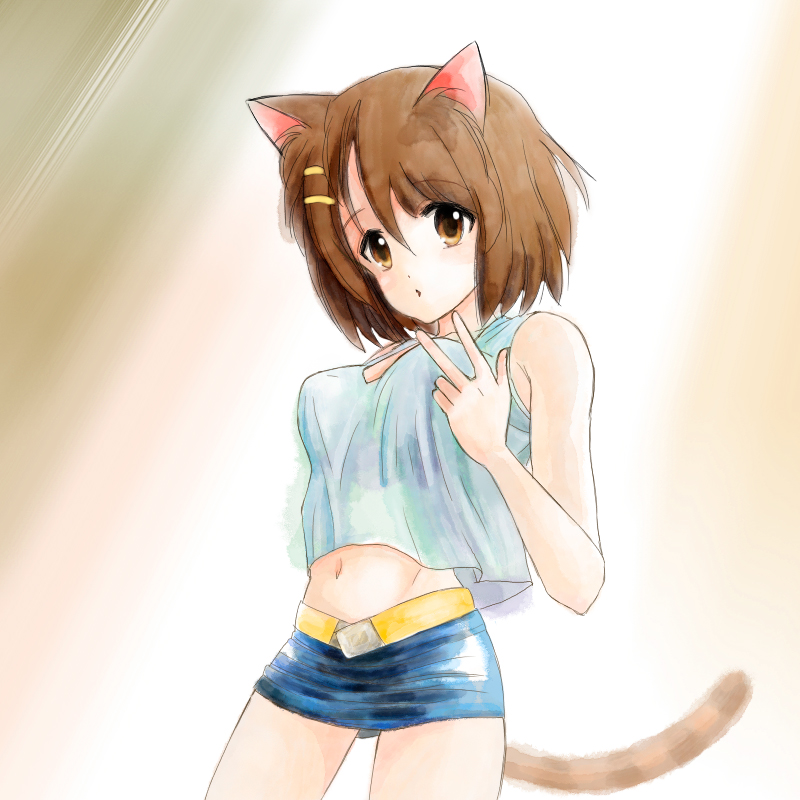00s, 1girl, animal_ears, breasts, brown_eyes, brown_hair, casual, cat_ears