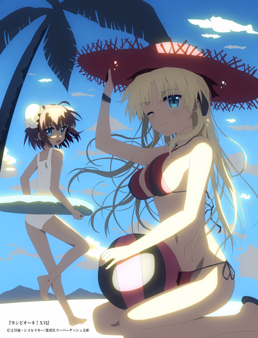ahoge, artist_request, beach, bikini, blonde_hair, campione!, day, erica_blandelli, highres, kusanagi_shizuka, one-piece_swimsuit, palm_tree, red_bikini, side-tie_bikini_bottom, swimsuit, tree, white_one-piece_swimsuit