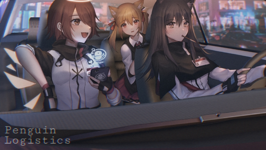 3girls, :d, animal_ear_fluff, animal_ears, arknights, black_capelet, black_gloves, black_hair
