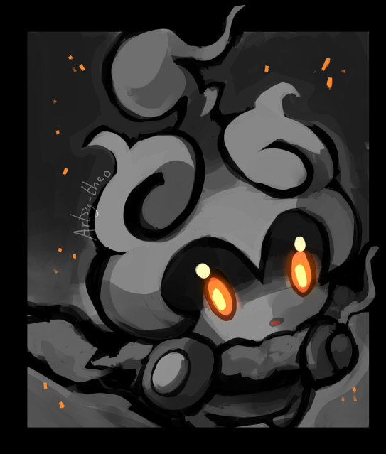 artsy-theo, black_border, black_theme, border, creature, gen_7_pokemon, legendary_pokemon, looking_at_viewer, marshadow, mythical_pokemon, nintendo, no_humans, orange_eyes, pokemon, pokemon_(creature), signature, solo