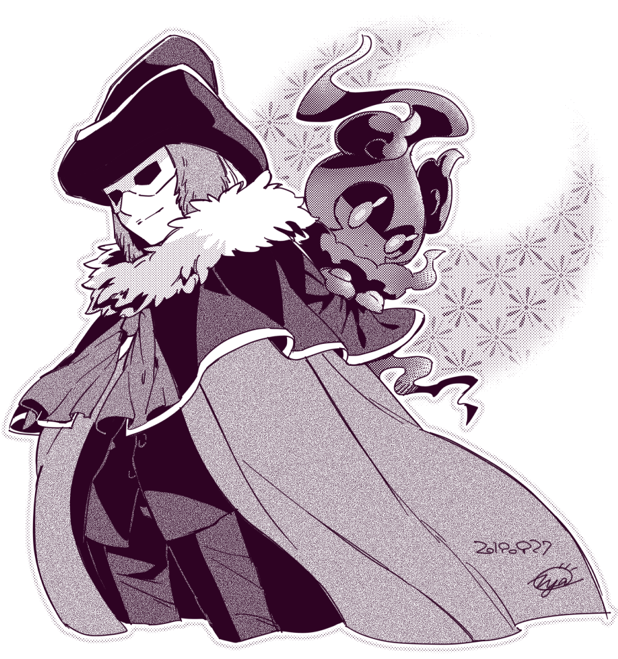 1boy, cape, closed_mouth, creature, crossover, dated, gen_7_pokemon, greyscale