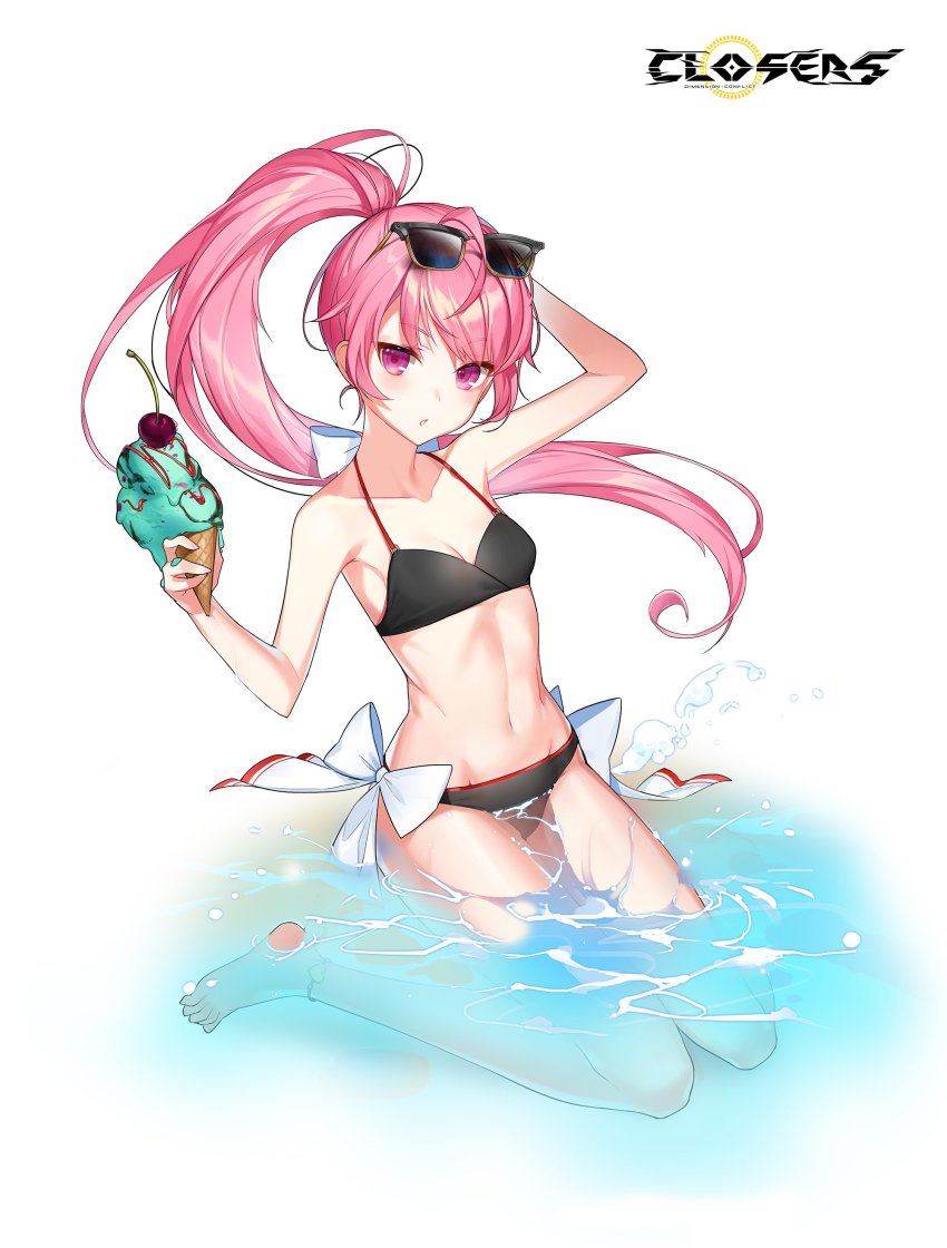 1girl, absurdres, ahoge, arm_up, armpits, bare_arms, bare_shoulders, barefoot