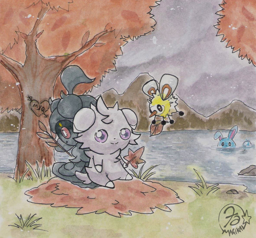 azumarill, back-to-back, closed_mouth, commentary, creature, cutiefly, english_commentary, espurr, fa-magikal, flying, gen_2_pokemon, gen_6_pokemon, gen_7_pokemon, grass, legendary_pokemon, marshadow, mountain, mythical_pokemon, nintendo, no_humans, on_ground, partially_submerged, pokemon, pokemon_(creature), purple_eyes, signature, sitting, sky, smile, tree, water