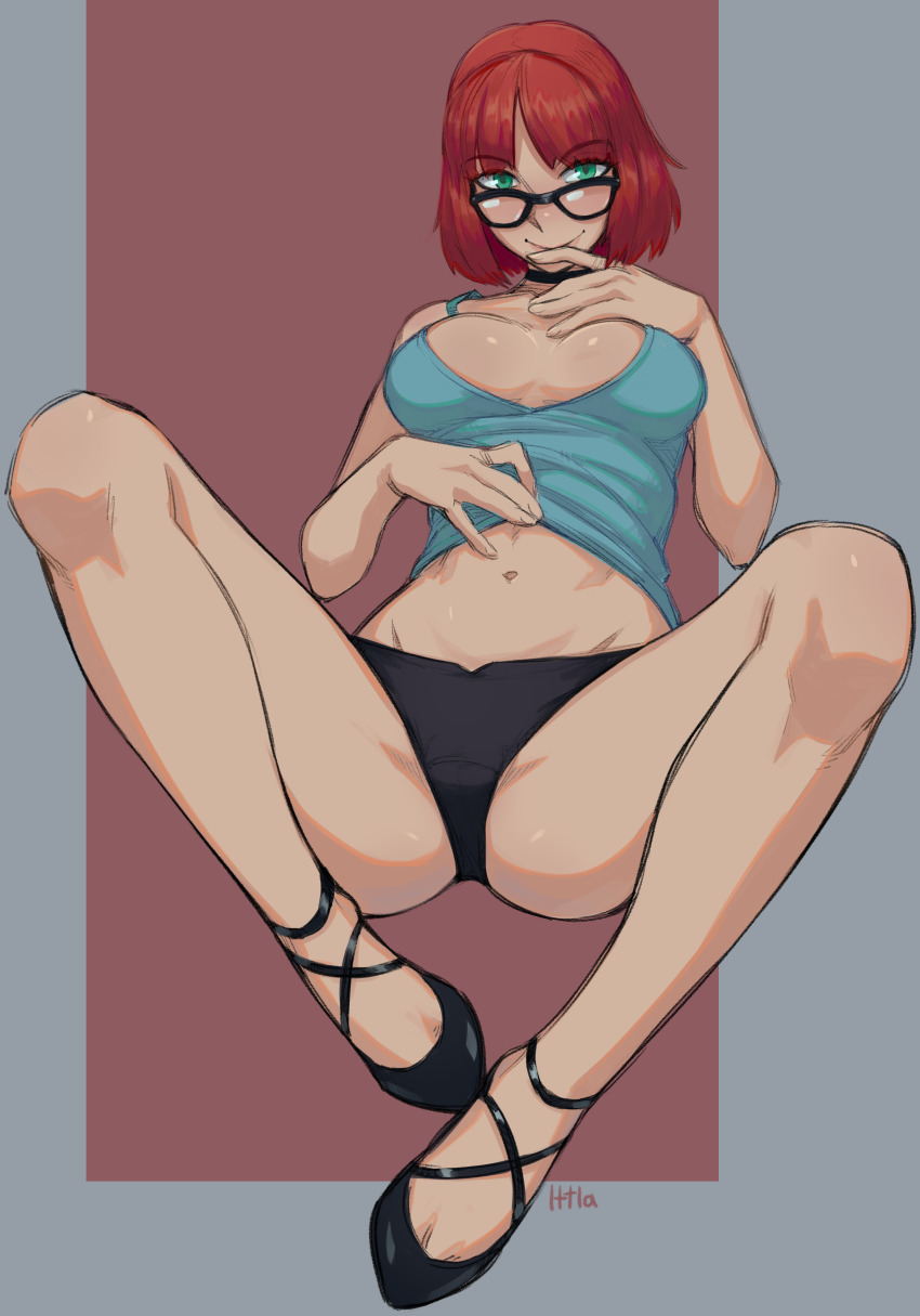 1girl, absurdres, artist_name, bare_arms, bare_legs, bare_shoulders, black-framed_eyewear, black_choker, black_panties, black_shoes, blue_shirt, breasts, breasts_apart, choker, clothes_lift, commentary, commission, english_commentary, female_focus, finger_to_mouth, full_body, glasses, green_eyes, groin, heather_poe, highres, ittla, large_breasts, lifting_own_clothes, looking_at_viewer, looking_over_eyewear, midriff, navel, no_pants, panties, red_hair, shirt, shirt_lift, shoes, short_hair, simple_background, smile, solo, spread_legs, underwear, v-shaped_eyebrows, vampire:_the_masquerade_-_bloodlines, world_of_darkness